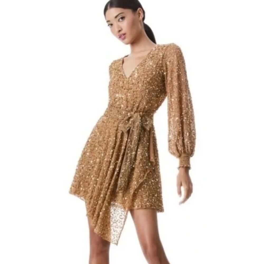 Alice + Olivia kieran Tan Gold Sequin long sleeve faux wrap v neck mini Dress 0
